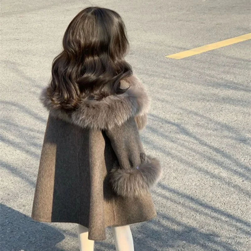 Kids jacket girls trench coats Girls Woolen Coat Overcoat Jacket Windbreak Outerwear Fuzzy Thicken Winter Warm Snowsuits Christmas Gift Children's Clothing