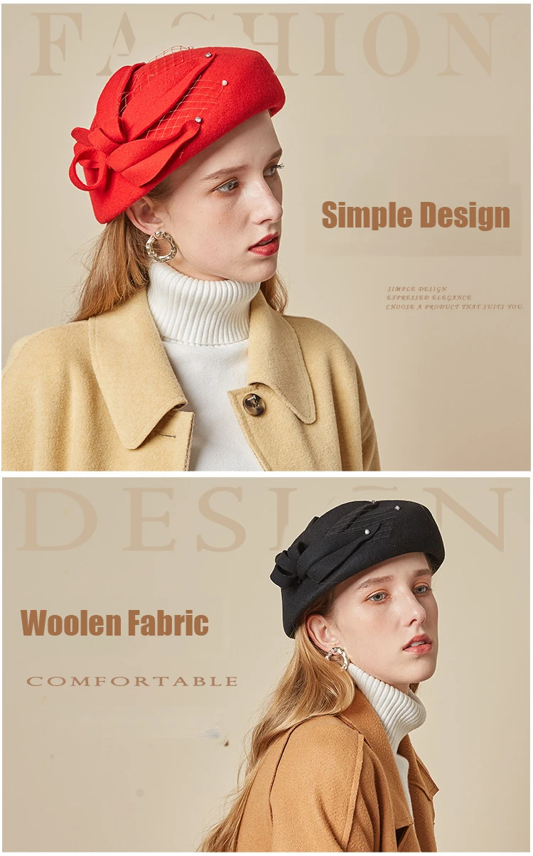 Women Chic Fascinator Hat Cocktail Pillbox Cap Fashion Flower Berets Lady Party Grace Woolen Felt Fedora Hat Winter Cloche Hat