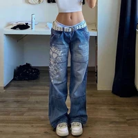 Women's Harajuku Print Jeans Floral Print Vintage Aesthetic Baggy Straight Pants Grunge Casual Outfits Trousers Streetwear Y2k - Image 2