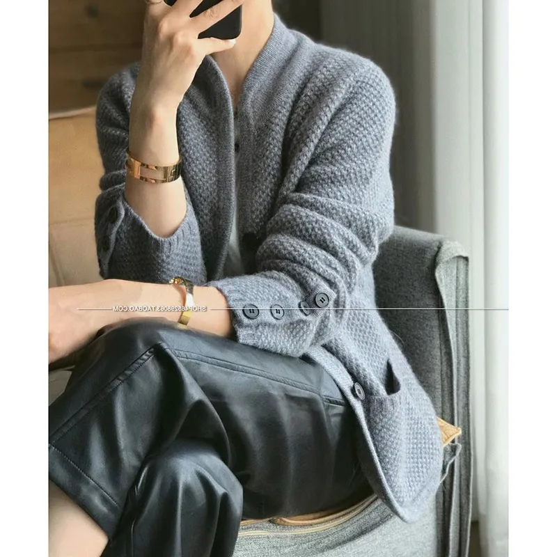 여성용 두꺼운 가디건, 스탠드넥 스웨터, 루즈한 니트 베이스 스웨터 재킷, 가을, 겨울, 신상