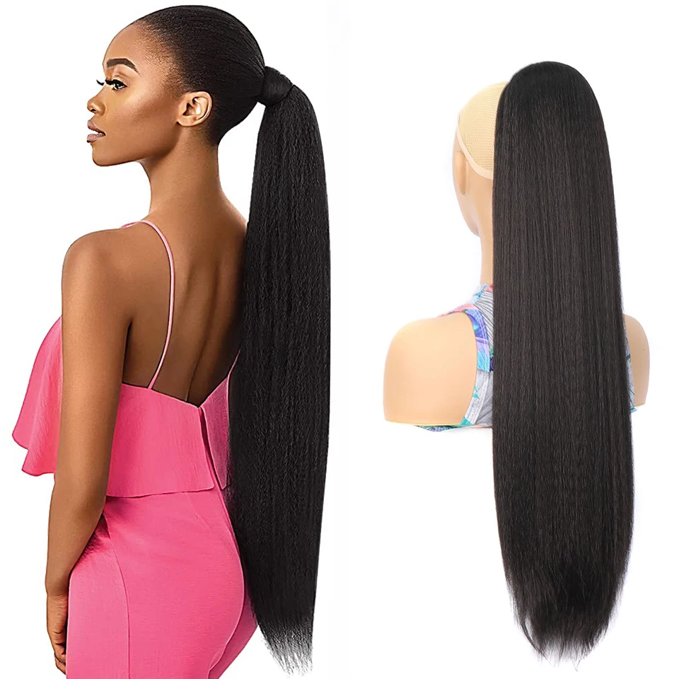 

Kinky Straight Drawstring Ponytail Extension for Women 30" Synthetic Long Yaki Straight Fake Pony Tail Heat Resistant Hairpiece