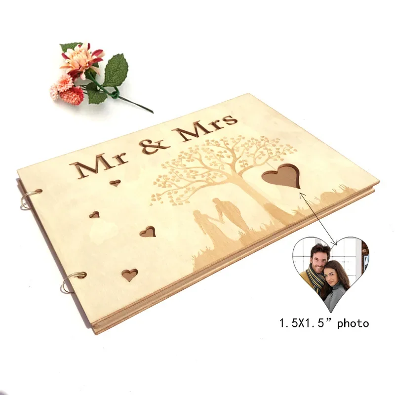 20 Pages Wooden Wedding Guest Books Mrs & Mr Creative Photo Frame Sign Signature Book Rustic Sweet Wedding Decoration Supplies
