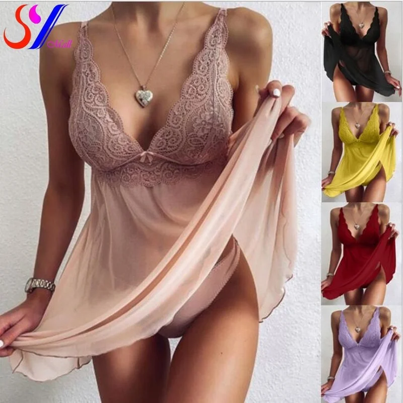 

SY Embroidery Lace Nightwear Women Pajamas Lingerie Set Sexy Suspenders Mesh Transparent Nightdress Shorts Underwear Size 5XL