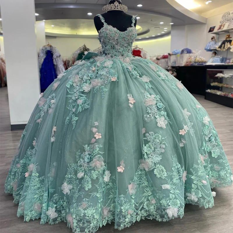 

Mint Green Shiny Quinceanera Dress Lace Appliqué 3DFlower Ball Gown Fluffy Sweet 16 Princess Party Prom Robes De Soirée
