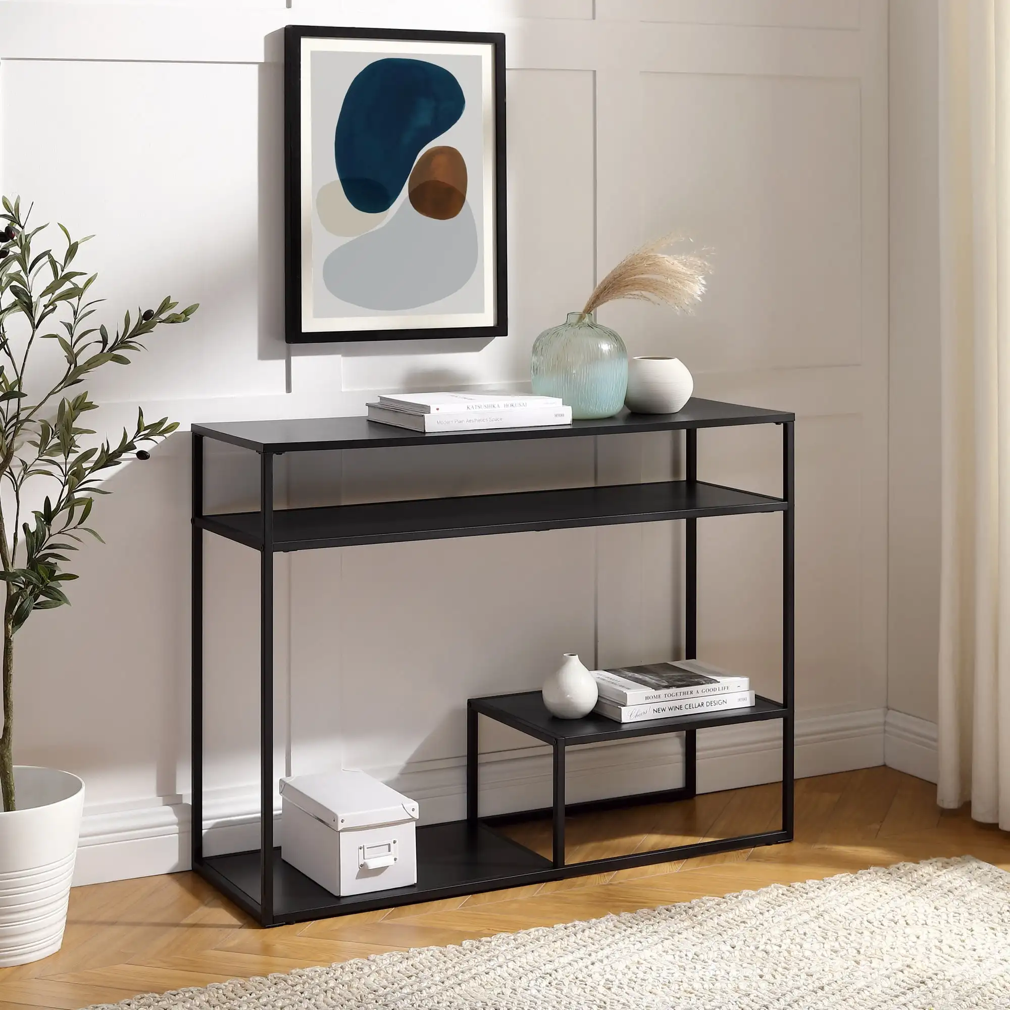 

42" Metal and Wood Console Table with Tiered Shelves, Black
