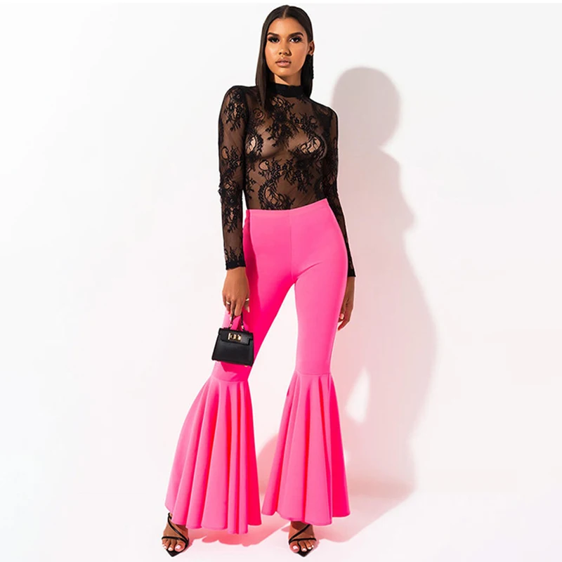 

Fashion High Waist Boot Cut Pants for Women Party Club Autumn Winter New Solid Black Rose White Wide Leg Trousers Lady Workwear