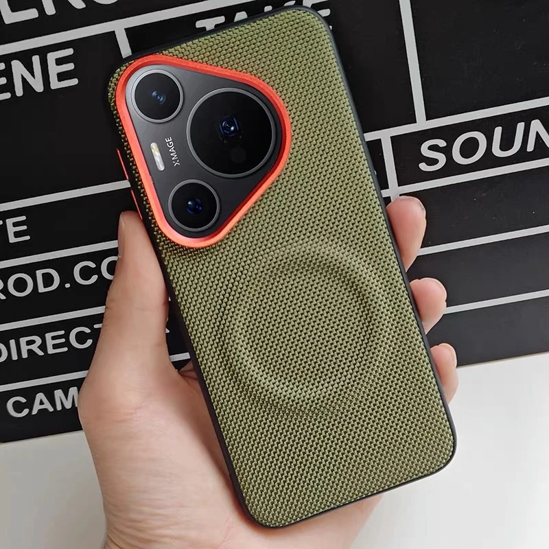 Magnetic Nylon Woven Matte PU Leather Phone Back Cover Bumper