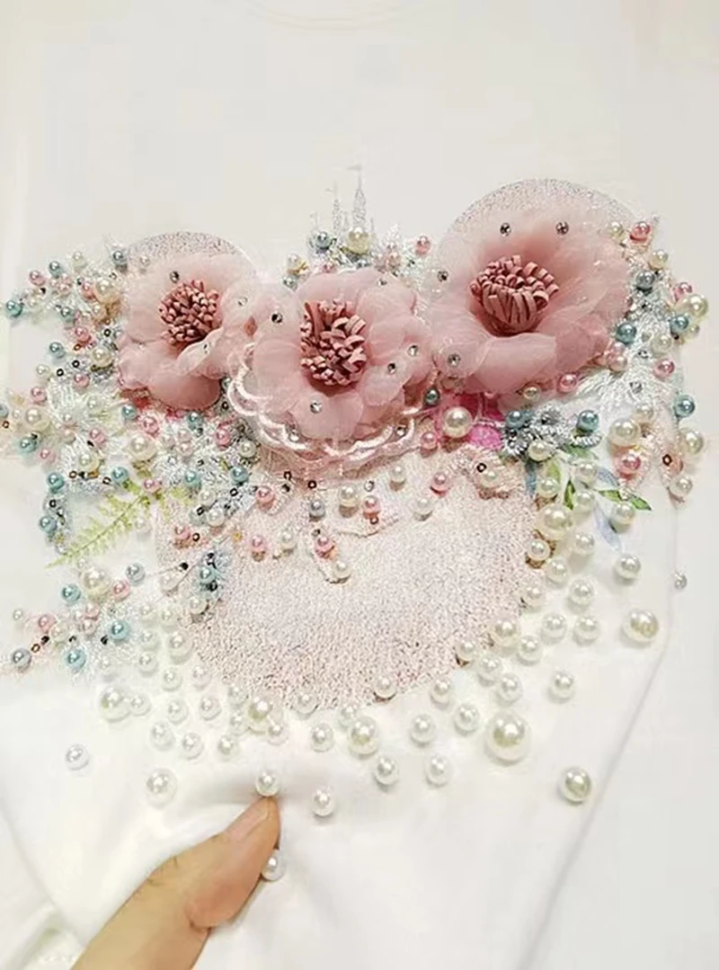 Camisetas de lujo con bordado de perlas para mujer, Tops de