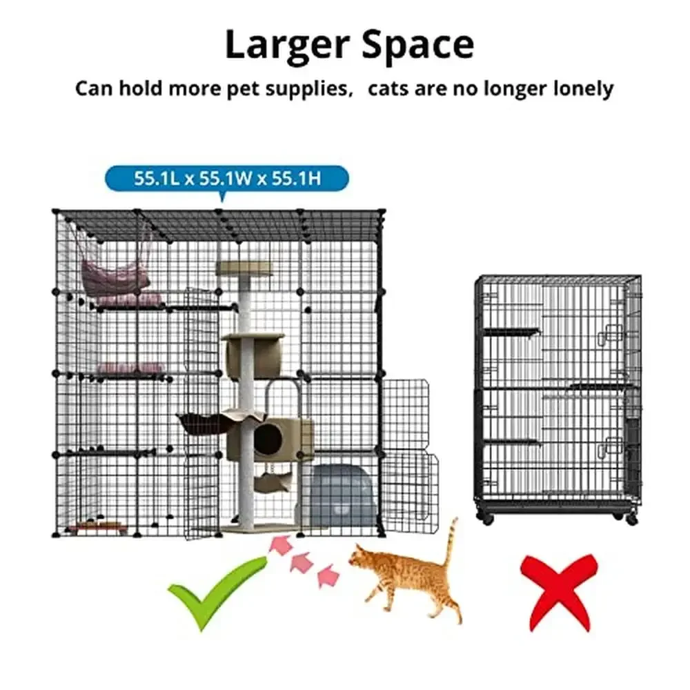 Cat Cage Enclosure Playpen Metal Wire 4-Tier House Kennel Crate 55x55x55 Inch Black Without Platform