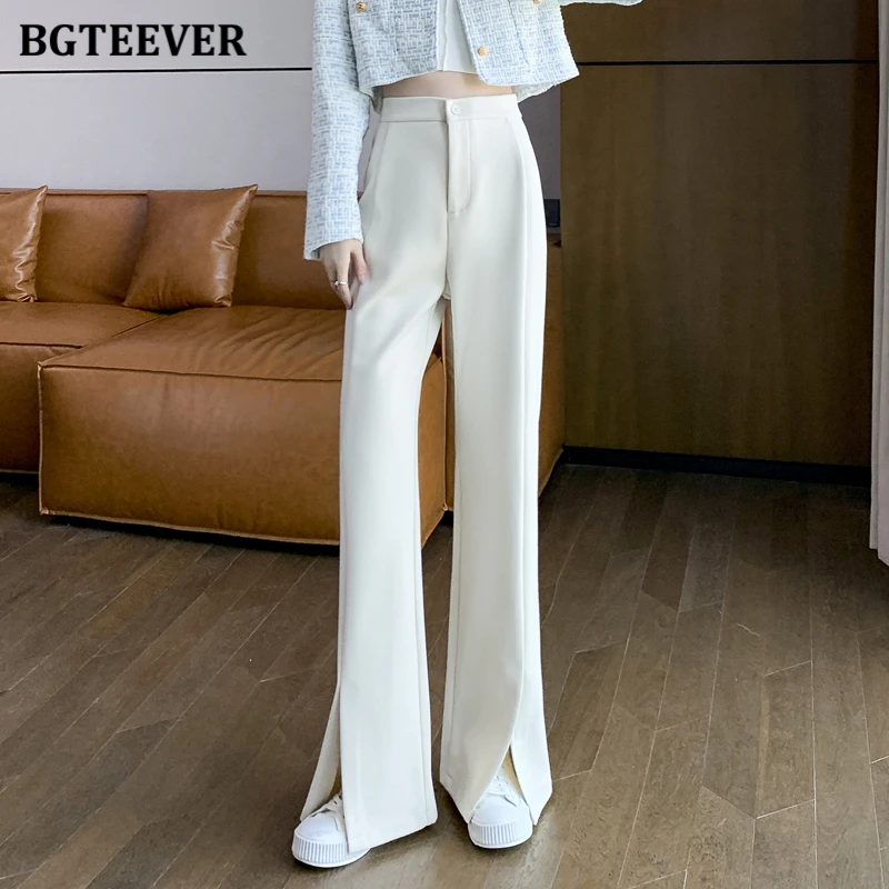 

BGTEEVER Chic Stylish High Waist Ladies Split Floor-Length Flare Pants Autumn Winter Loose Pockets Women Solid Woolen Trousers