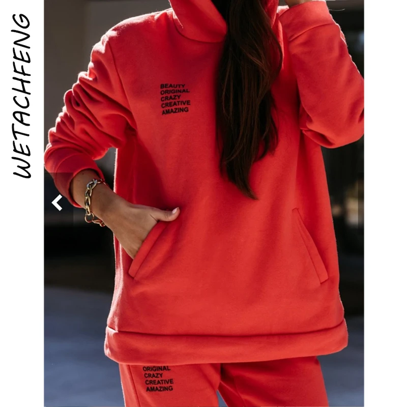 

Зимние флисовые комплекты из двух предметов с надписью, повседневные спортивные костюмы, толстовки и длинные брюки, женский спортивный костюм