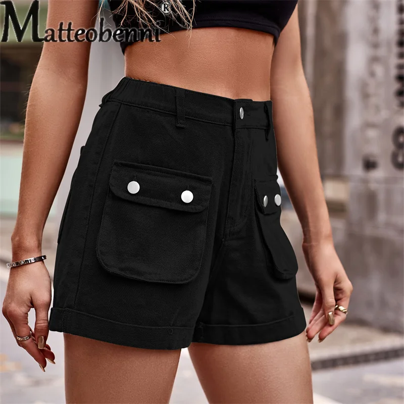 Fashion Street Three-dimensional Pocket Splicing Button Denim Shorts Women's Casual Overalls Female Straight Three-quarter Pants