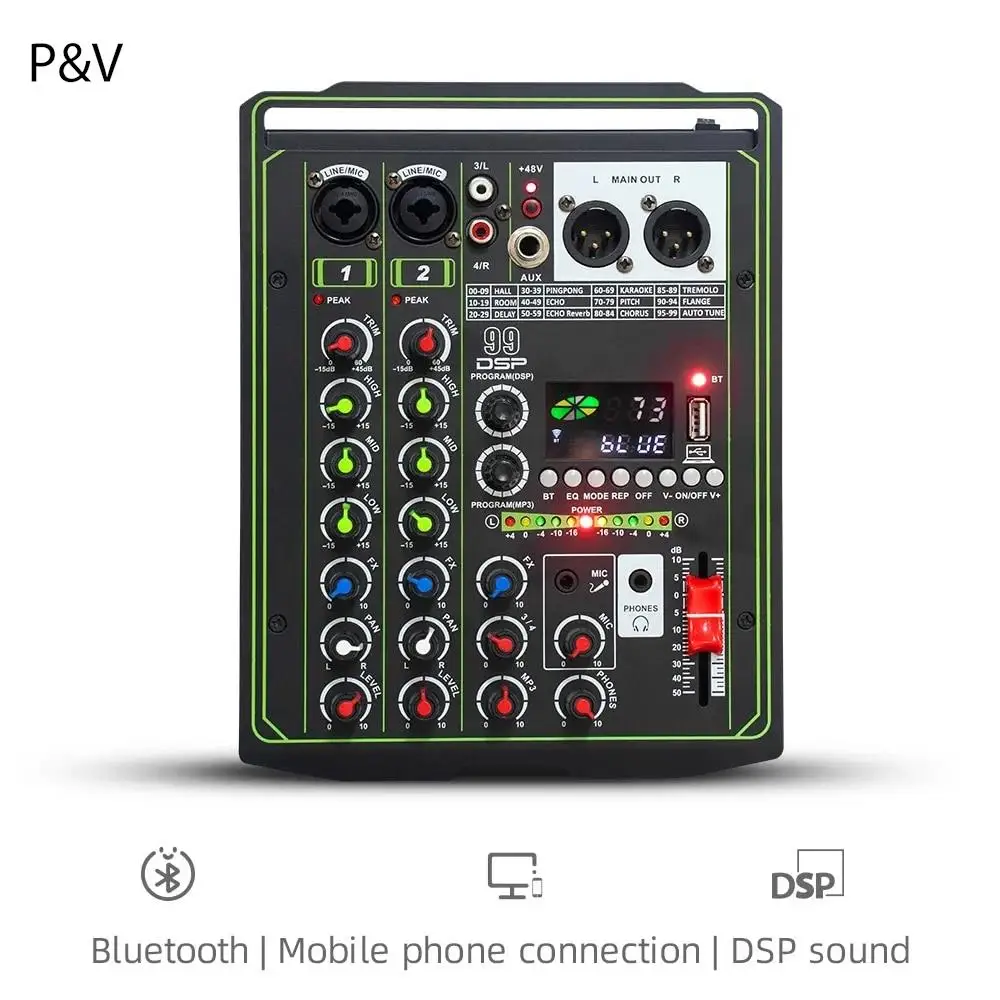 

4 Channel Recording Sound Mixer For Phone/Pc DJ Sound Mixing Console USB with 48V Phantom Power 99 DSP Effects Audio Mixer