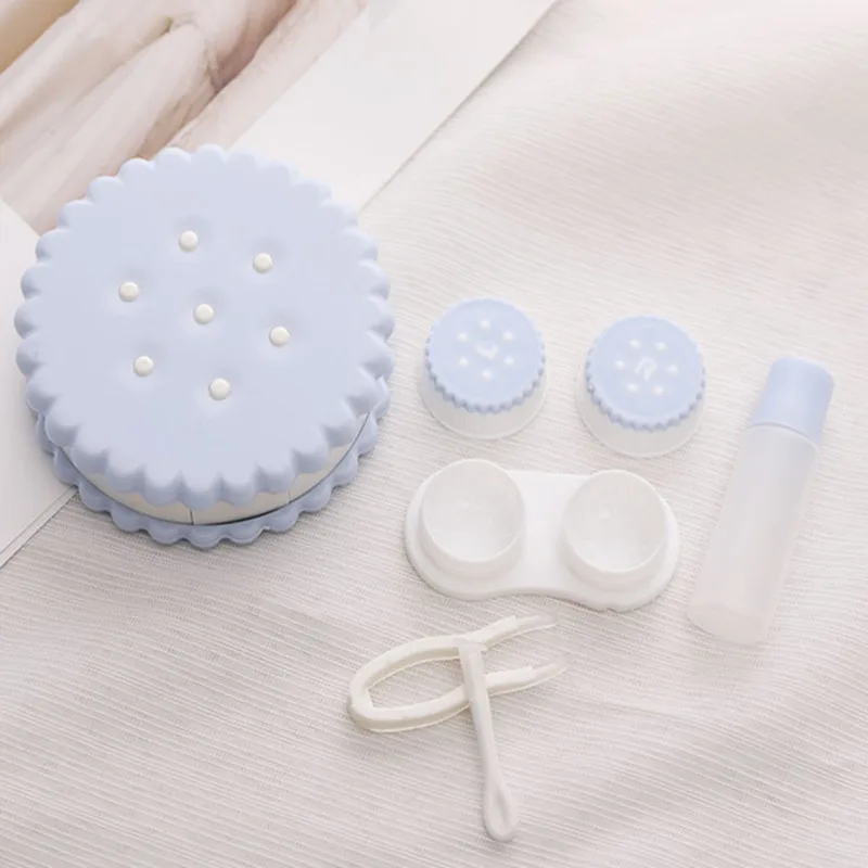 Contact Lens Case 1 PC KSSEYE Easy to Carry Mirror Case Travel Set Tweezers Suction Stick Eye Care Kit Round Biscuit Cute Box contact lenses tools