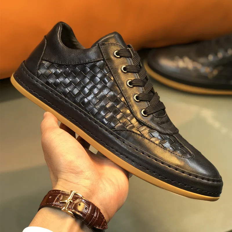 

European Style Men Shoes Genuine Leather Casual Sneakers Weaving Design Nature Leather Men Urban Daily Casual Shoes
