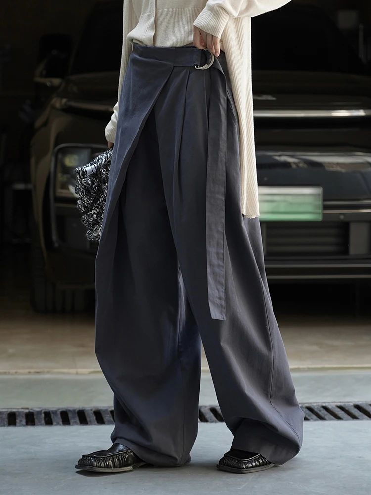 [EAM] High Waist Army Green Irregular Pleated Long Wide Leg Pants New Trousers Women Fashion Tide Spring Autumn 2026 1DJ4101