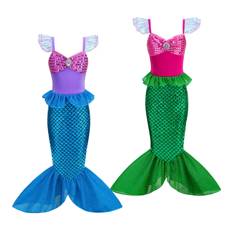 New Little Mermaid Ariel Princess Dress For Girls Short Sleeve Tulle Cosplay Costume Children Carnival Birthday Party Clothes