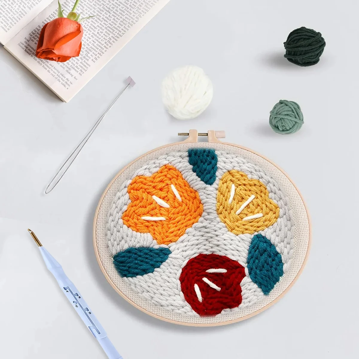 RUOPOTY Flowers Diy Punch Needle Embroidery Starter Kits Crafts Poking Embroidery Painting Hoop Yarn Rug For Home Decor 20x20cm
