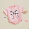FOCUSNORM 0-18M Lovely Baby Girls Boys Summer Cute Romper Short Sleeve Rugby Bow Embroidery Jumpsuits Clothes 5