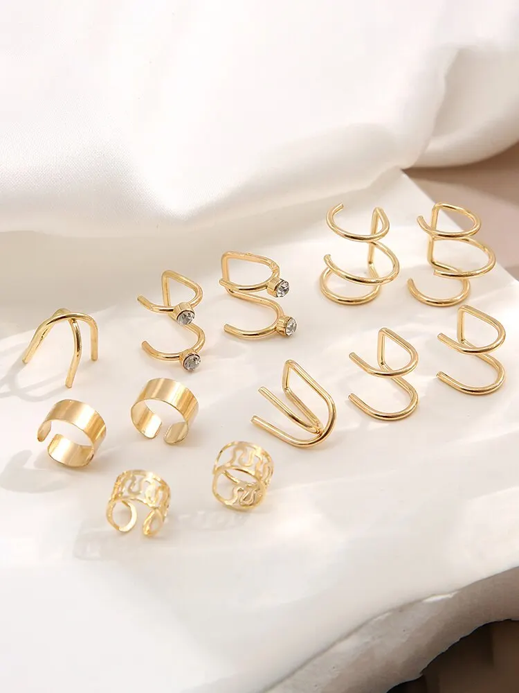 Ear clip earrings clip earrings ear clip ear accessories 12 Pieces Vintage Gold Silver color Ear clip earrings set Crystal Non-piercing ear cuff Hollow Women trendy jewelry