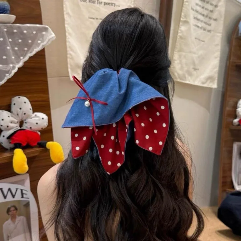 Vintage Polka Dot Bow Denim Hair Scrunchie - Stylish & Versatile Accessory