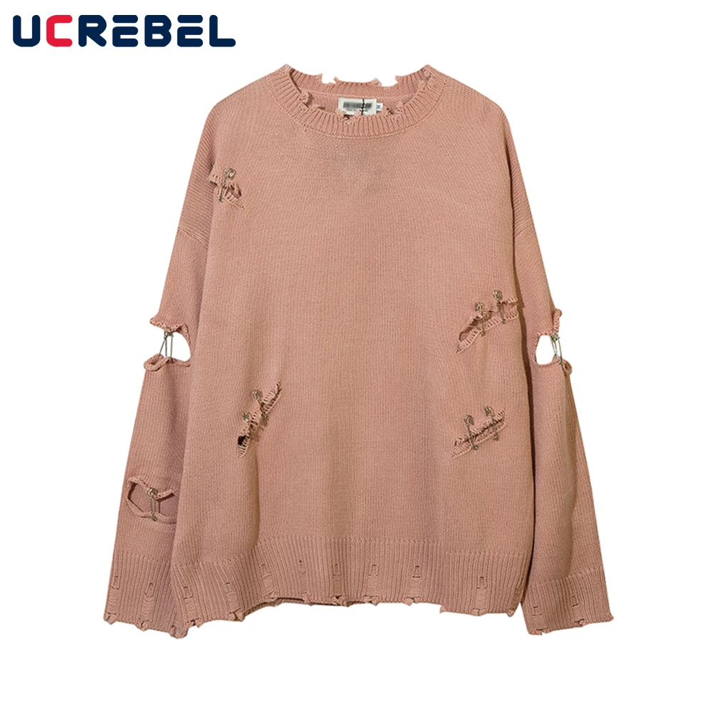 

Pin Decoration Crew Neck Knitted Sweater Mens Solid Color Loose Ripped Hole Long Sleeve Pullover Men Streetwear