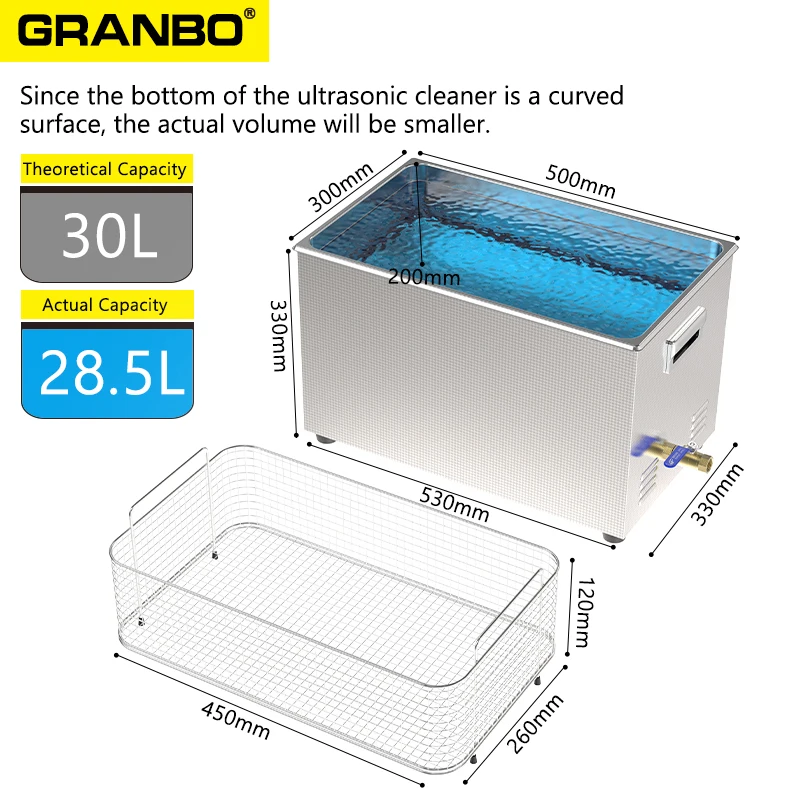 Granbo 디지털 초음파 클리너, 음소거 스윕 펄스, 타이밍 전력 조정, 9999 초, 800W, 30L, 새로운 디자인, 빠른 파견