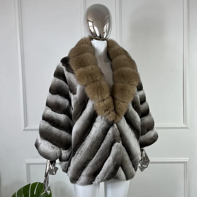 Chinchilla Fur Coats Real Rex Rabbit Fur Jacket With Fox Fur 