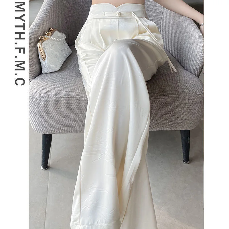 New Chinese Style Satin Jacquard Wide Leg Pants Women Spring and Summer New High-waisted Slim Casual Sweatpants Vintage