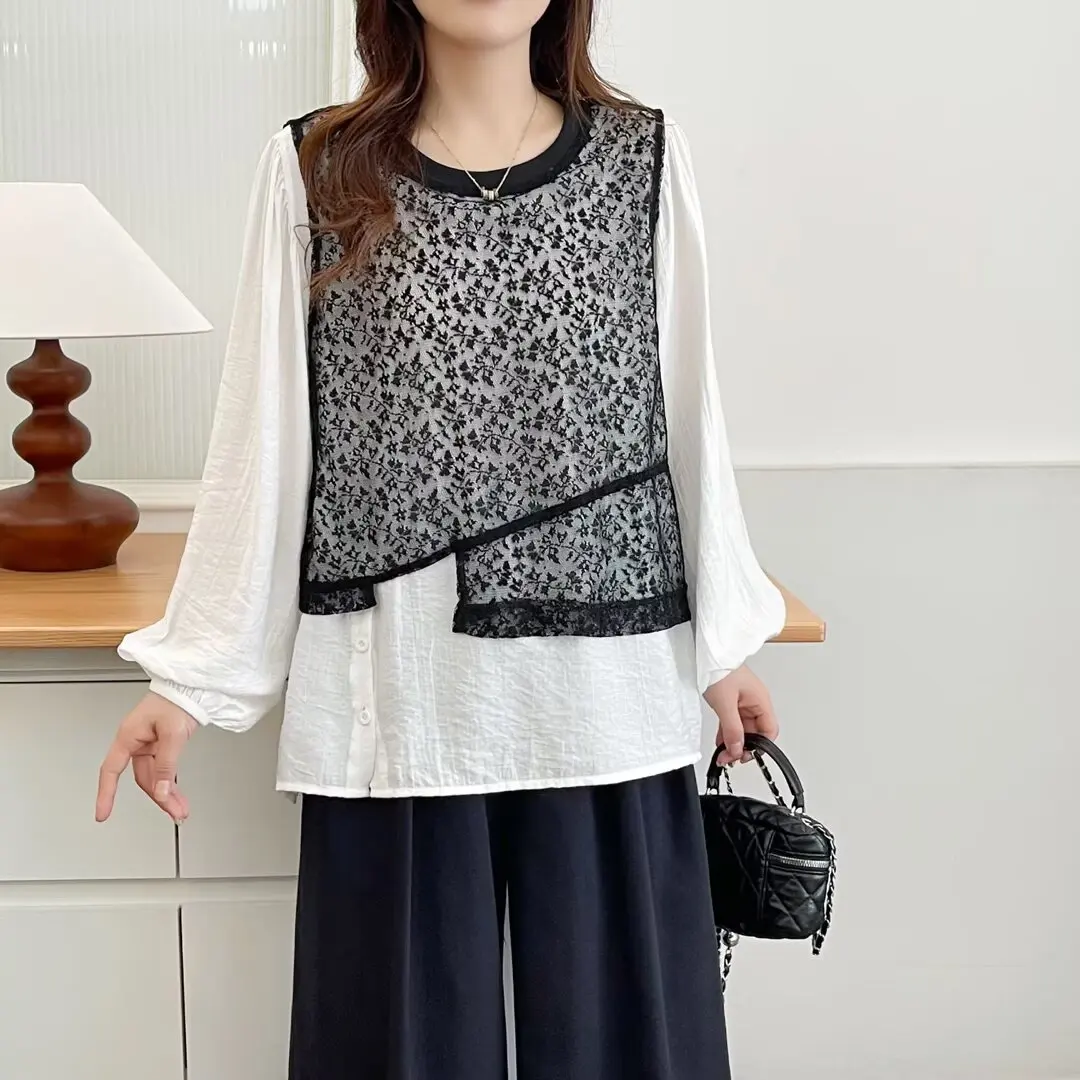 Fashion Plus Size Women's Blouses Autumn New Style Lace Patchwork Long Sleeve Shirt 1049