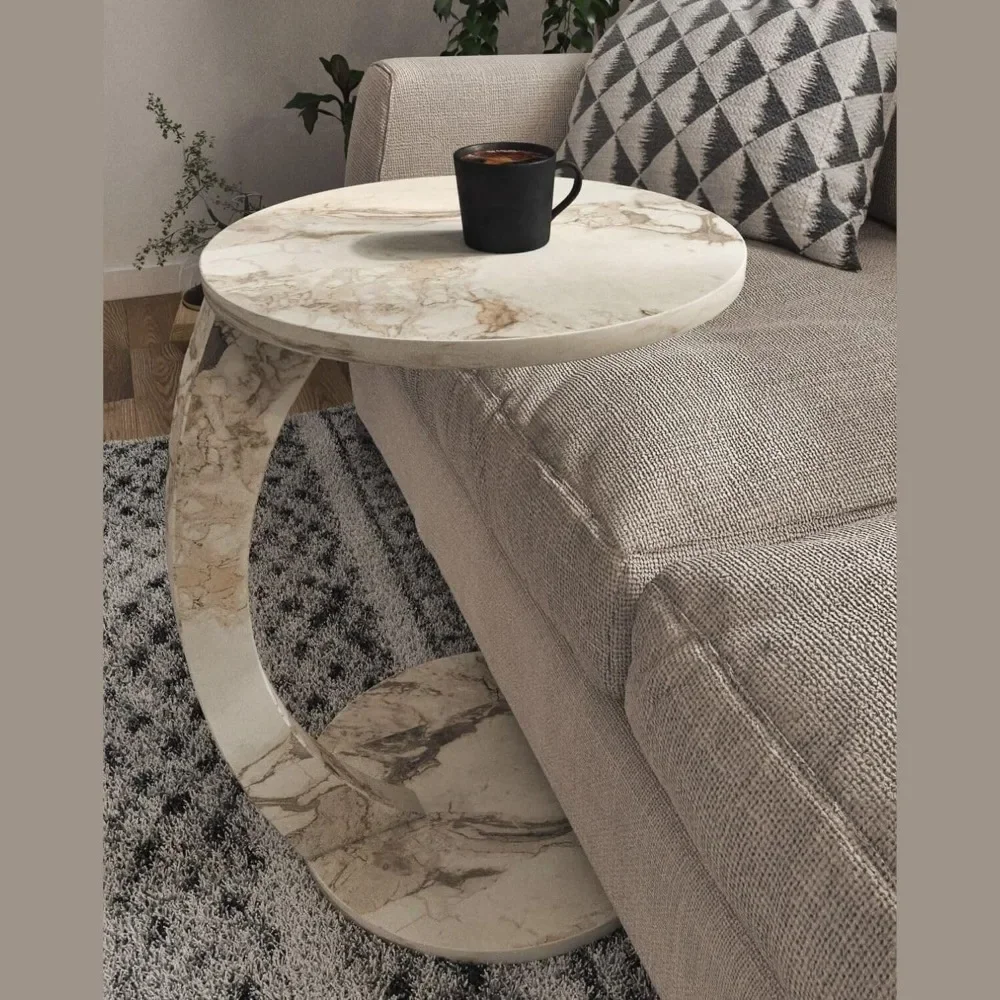 C Shaped End Table for Couch Small Places, Faux Marble White Space Saver Round Side Table for Sofa and Bedside with Wheels 5