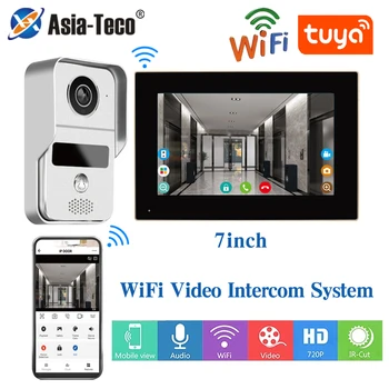 WiFi TUYA 스마트 APP 7 인치 1080P 홈 인터콤 키트 무선 비디오 도어 폰 빌라 플랫 RFID 액세스 제어를위한 유선 초인종