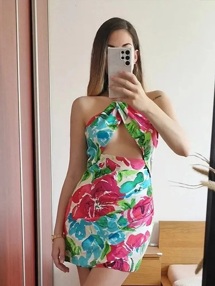 Women Fashion Cutout Folds Flower Print Halterneck Dresses 2022 Summer Beach Wind Female Short Dress - Dresses - AliExpress