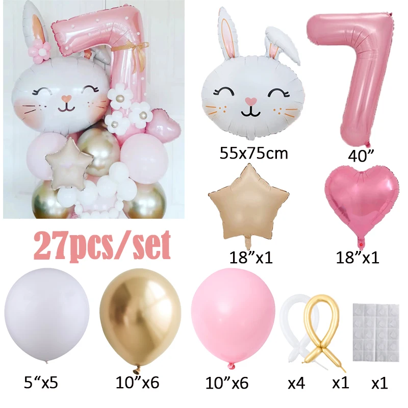 thumbnail image 1 of Juego de 27 globos de conejo de dibujos animados de Pascua de 40 pulgadas, globos de aluminio con números del 0 al 9, decoración para cumpleaños de niñas, baby shower, globos de conejito, 1 of 4