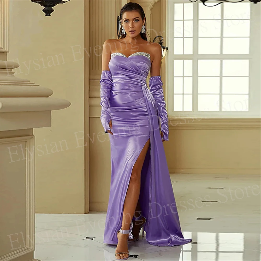 

Graceful Purple Women's Mermaid Modern Evening Dresses Sexy Strapless Long Sleeve Prom Gowns High Side Split Vestidos De Noche