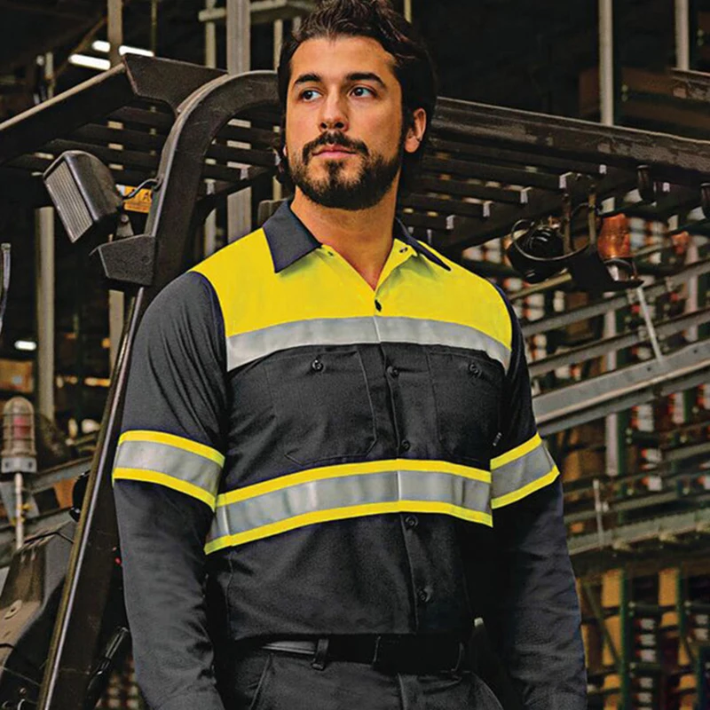 Cotton Safety Shirt Workwear with Reflective Tape Long Sleeve Working Shirt Summer Construction (Size S-4XL)