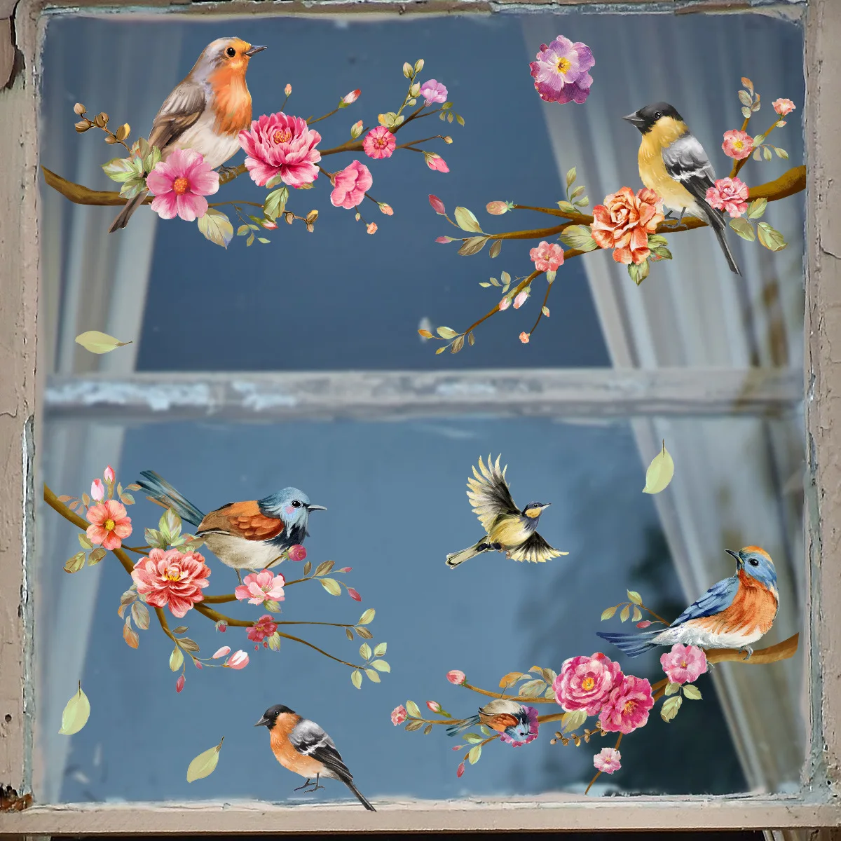 Spring Summer Tree Branch Bird Stickers Window Cling Butterfly Decals Glass Door Decoration Home Fridge Kids Room No Glue Vinyl window stickers