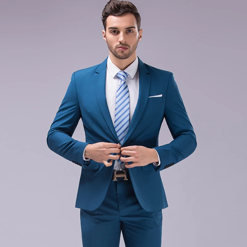 Men's Slim Suit 2 Piece Set (Jacket + Pants) Wedding Party Men Blazer Coat with Trousers Blue White Black Gray Purple