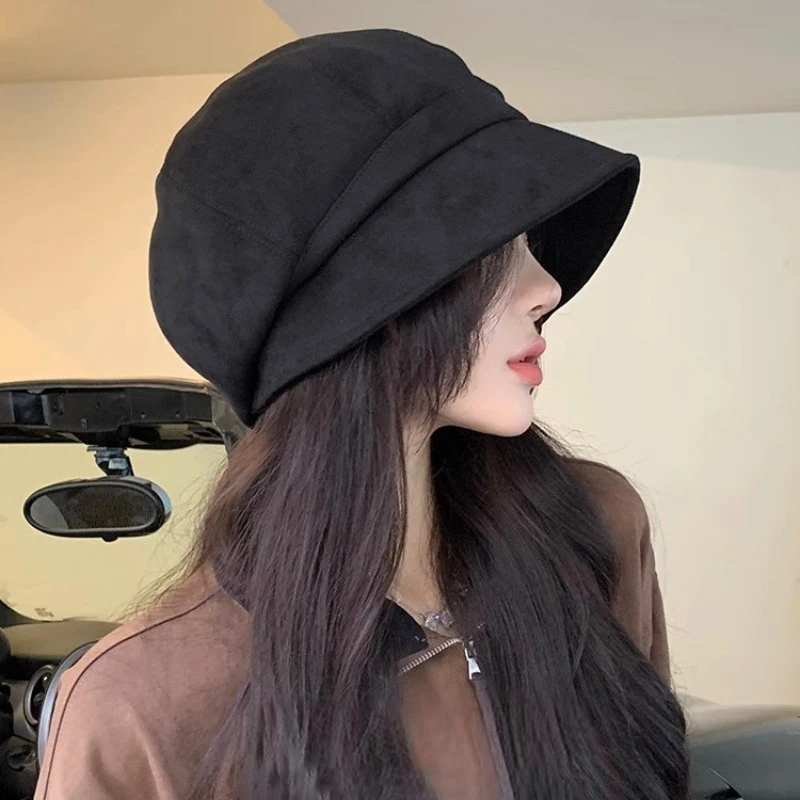 여성용 스웨이드 팔각형 모자, 레트로 뉴스보이 모자, 단색 아티스트 화가 모자, 가을 겨울
