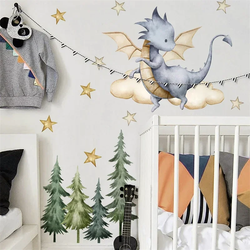 Cute Lovely Flying Dragon Forest Wall Stickers for Kids Rooms Baby Room Children Wall Decoration Trees Stars Decals Nursery wall stickers,luminous wall stickers,vinyl decal stickers,children room decoration