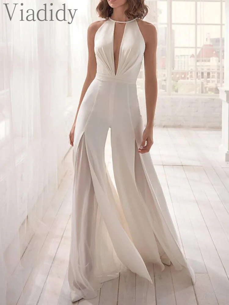 

Women Elegant Solid Color Cutout Lace Decor Sheer Mesh Ruched Wide Leg Jumpsuit