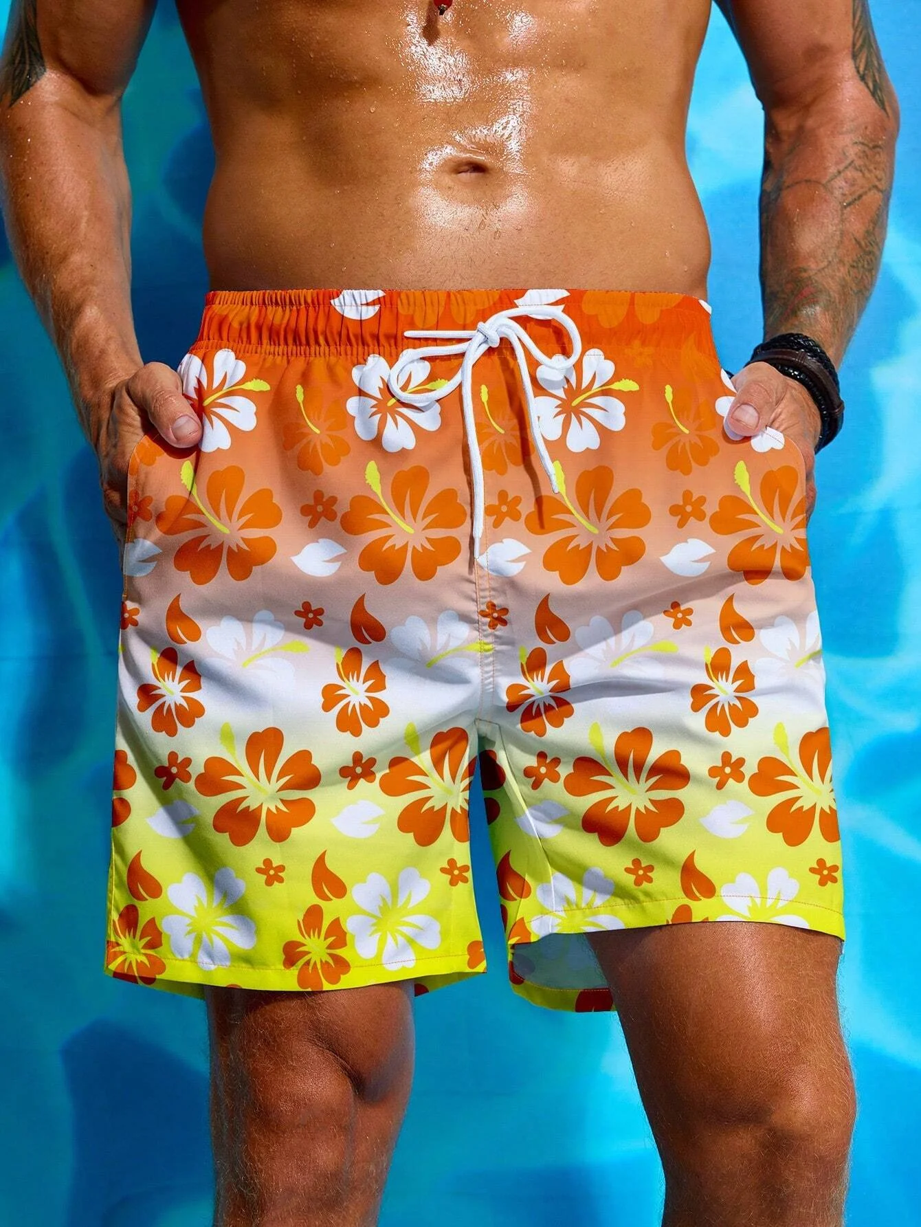 Floral Print Drawstring Men's Beach Short Men's swim Trunks Elastic Waist 3D Print Gradient Breathable Short Streetwear Polyster 3