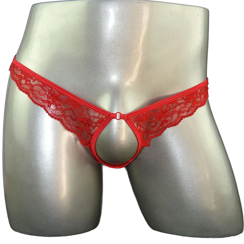 Hole Pouch Thong Lingerie Homme Sexy G String Ultra Thin Lace Panties Erotic Transparent Underwear Mens Low-rise Solid Sissy