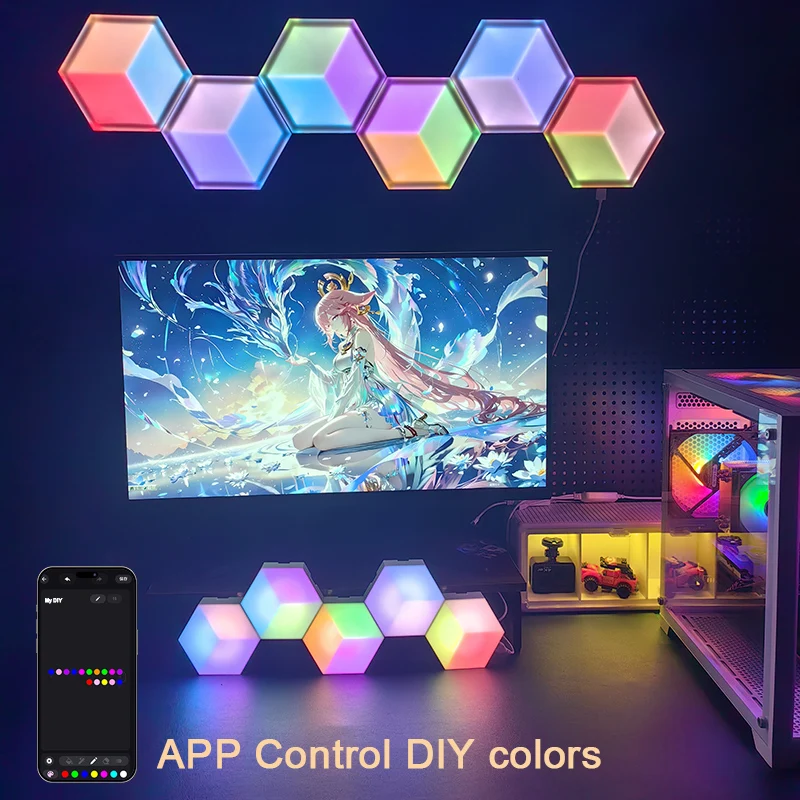 6/10개 LED 벽 장식 조명 DIY 조명 퀀텀 램프 효과 헥사 조명 음악 동기화 조명 앱 제어 조명 (e스포츠, 영화용)