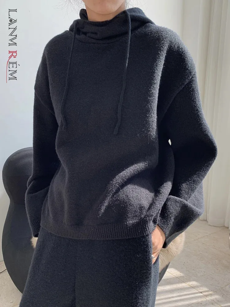 

[LANMREM] Drawstring Design Hooded Knitting Sweatshirt For Women Long Sleeve Casual Loose Pullover Tops 2023 Winter New 26D7206