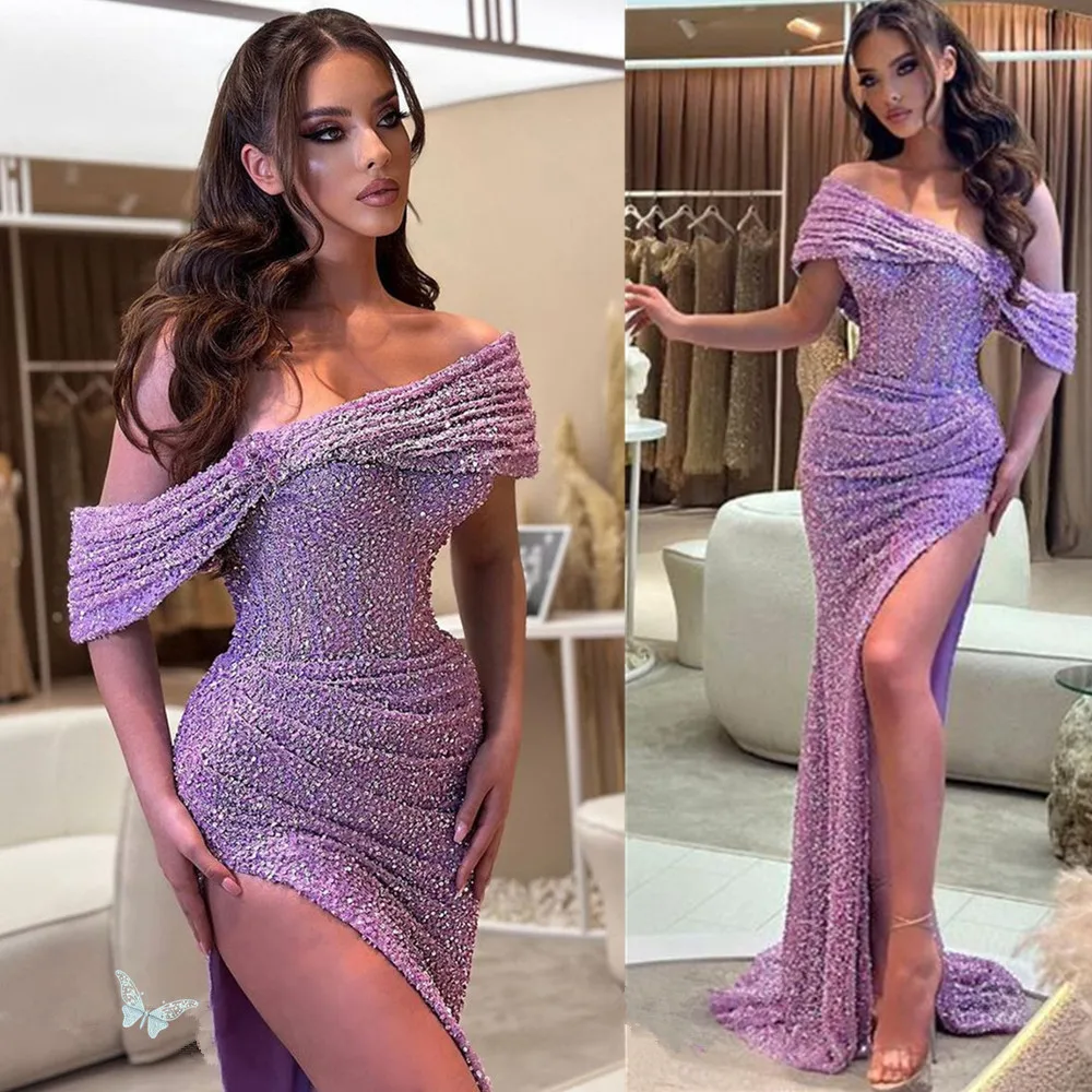 

Arabic Lilac Prom Dresses Glitter Sequins Off The Shoulder Evening Gowns Formal Party Second Reception Engagement Gowns Dress Ve