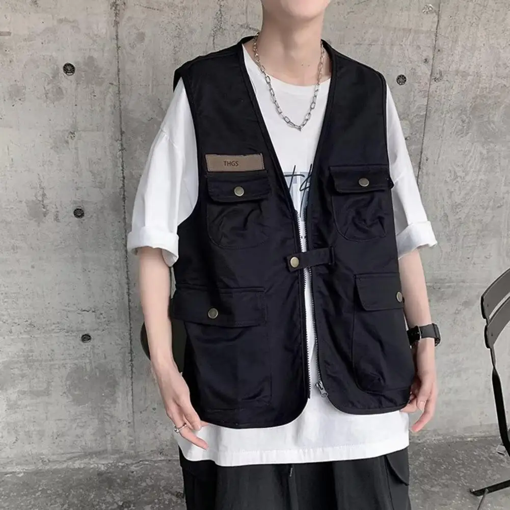 

Unisex Summer Casual Waistcoat Sleeveless Multi Pockets Design Vest Coat Zipper Buttons Closure Jacket Cargo Coat Streetwear