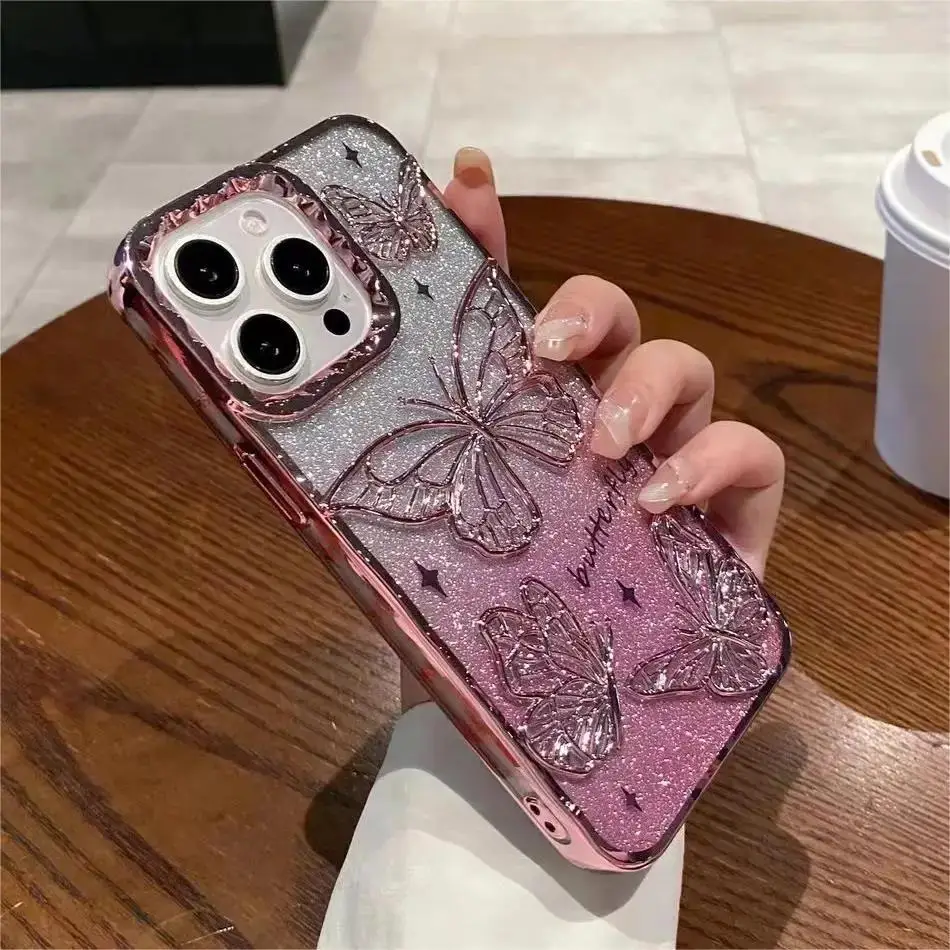 3D Bling Glitter Butterfly Quicksand Gradient Phone Case with Plated Shockproof Luxury Cover