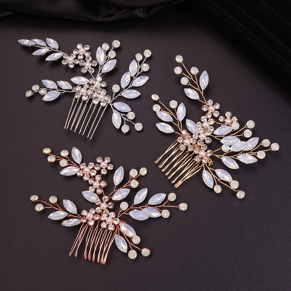 Handmade Wedding Opal Rhinestones Flower Hair Comb Clip Bridal Hair Comb Piece Gold Accessories for Brides Wedding