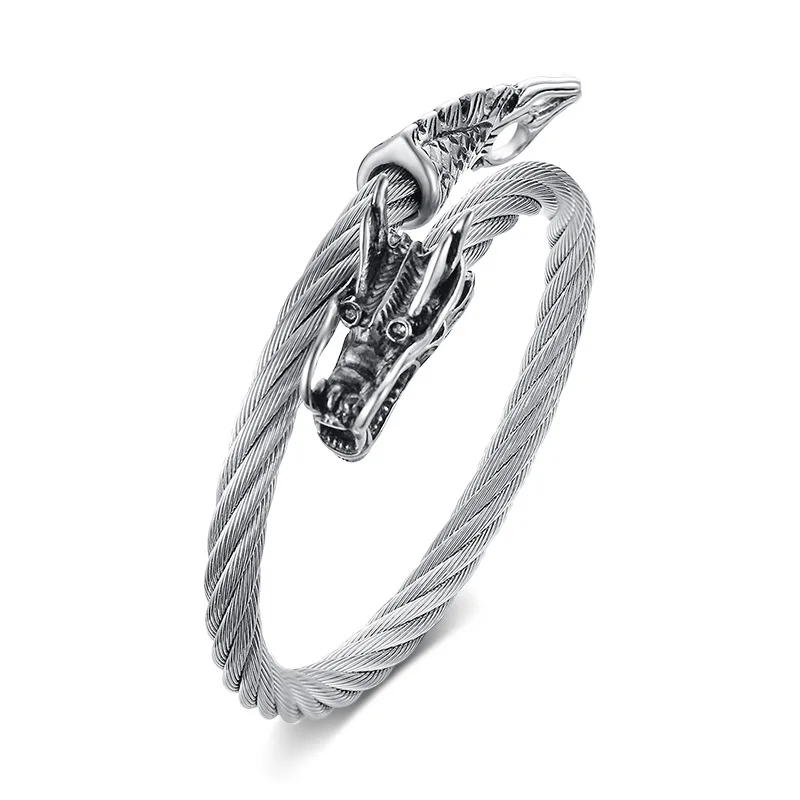 MKENDN Men Punk Viking Black Dragon Bangles Non-fading Stainless Steel Bracelet Vintage Open Cuff Charm Jewelry Norse Jewelry